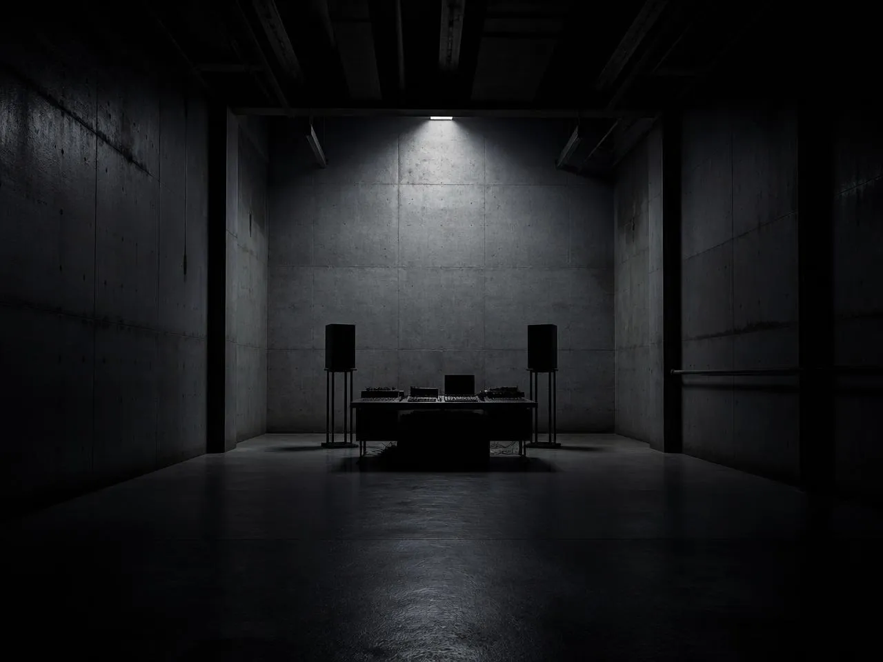 A dark concrete electronic-music studio space lit by a single cold light